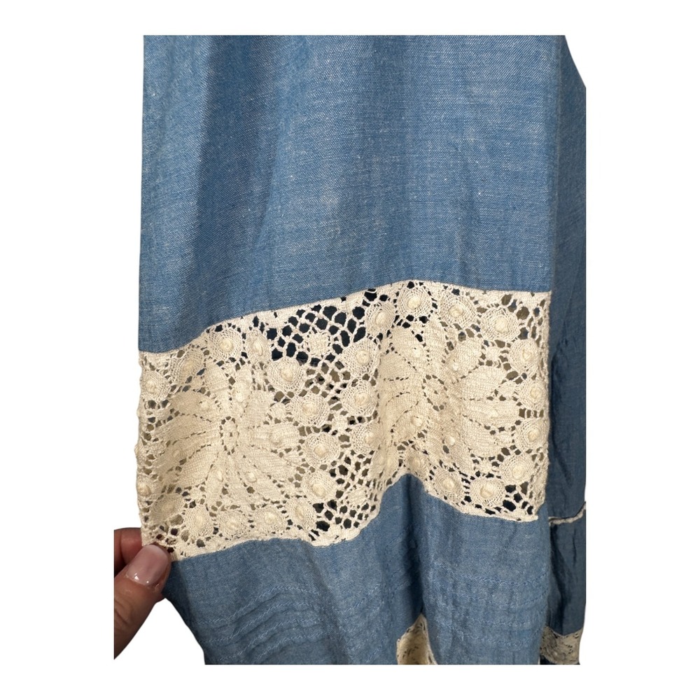 Johnny Was Laguna Pieced Dress Sz Lg Blue Chambray Tunic Lace Trim Bohemian Fall - Picture 10 of 16